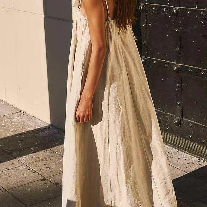 beige 2025 summer cotton front pleated large swing maxi dress for wholesale on Faire