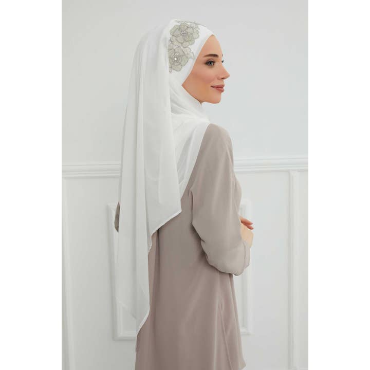 Aisha's Design - Wholesale Hijab – Women’s - Luxury Instant Chiffon Hijab with Floral Lace, Ready-to-Wear Chiffon Hijab with Embroidered Flowers,CPS-10135