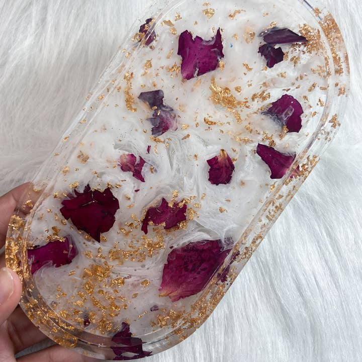 KraftzbyKenzie - Wholesale Jewellery dish - Rose Petal Trinket Trays, White Swirls, Gold Foil, Red Roses3