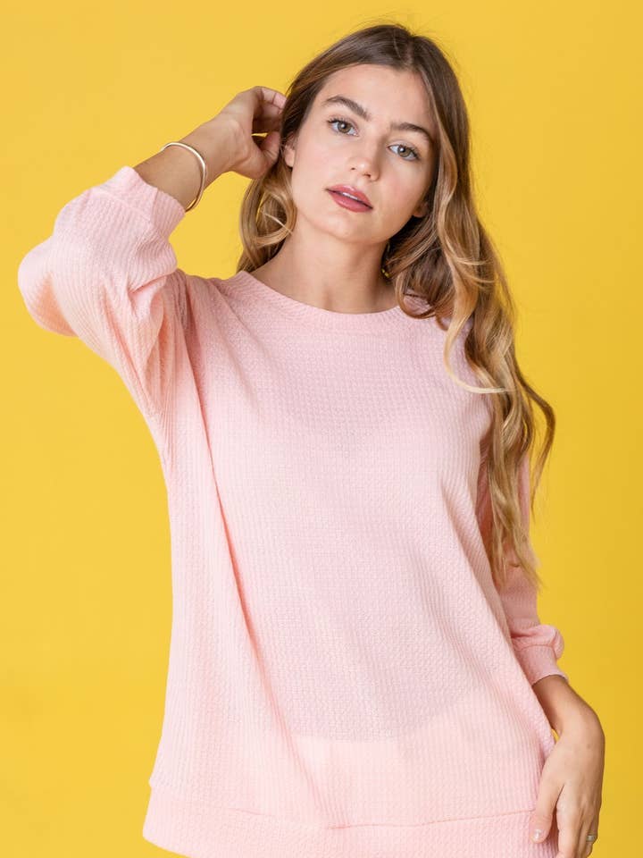 Solid våffelstickad topp för wholesale av EG fashion