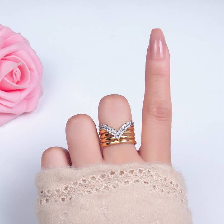 Aim Eternal - Wholesale Multi-Stone Ring - SJ | 24K Gold Filled Mixed Metal Micro Paved CZ Chevron Multiple Band Ring | U3884