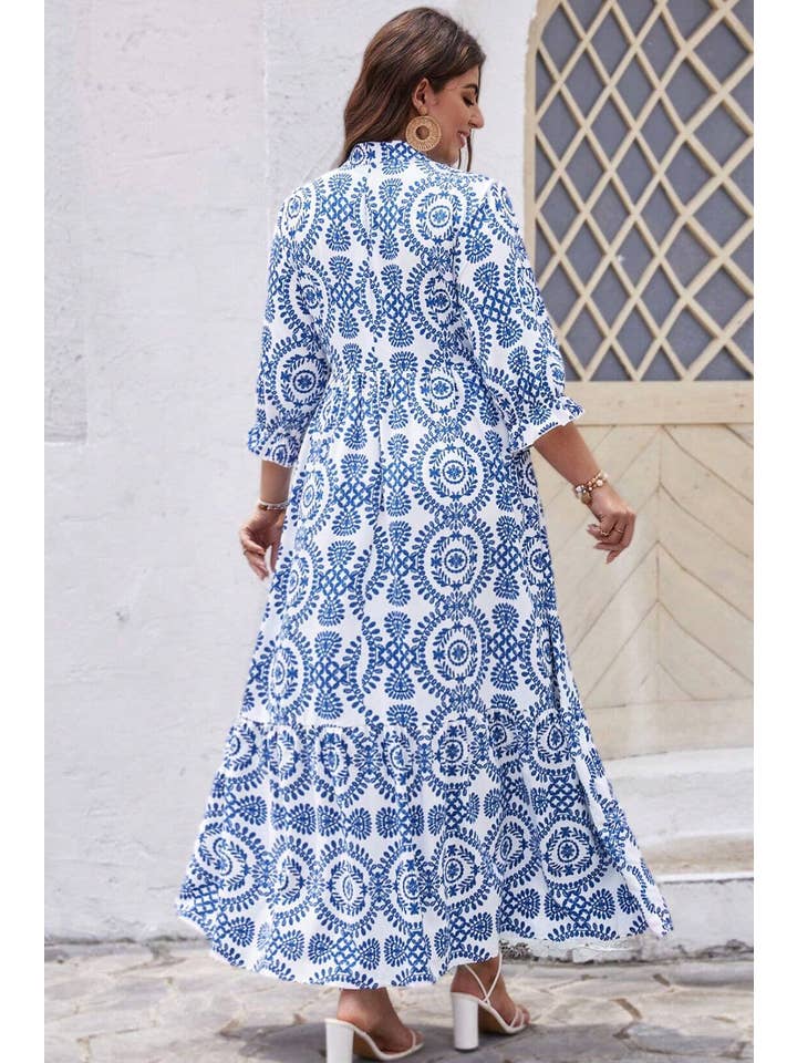 Sky Blue Geometric Print Lace-up Notch Neck Plus Size Maxi Dress for wholesale on Faire