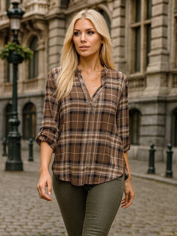 3288 Mocha Cream Plaid Blouse Plus for wholesale by LTX Sportswear