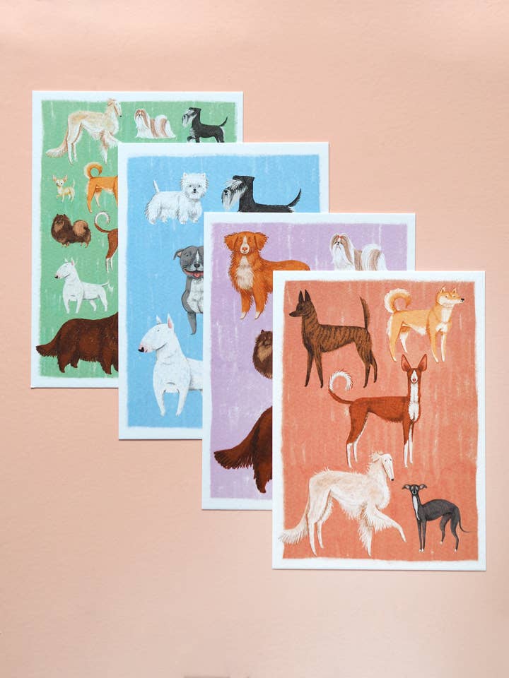 Dog Postcards, 4 different cards with dog illustrations for wholesale by Mary and the Locks