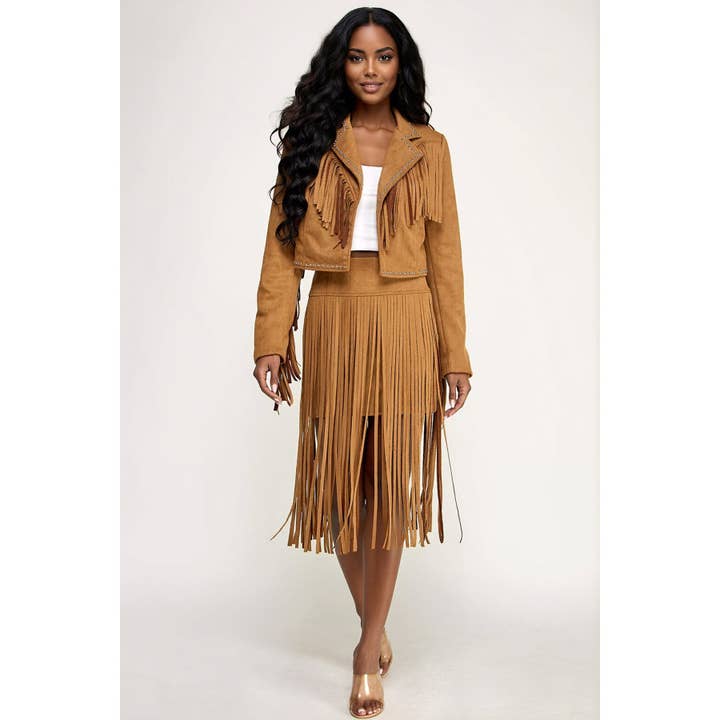 Suede Fringe Detail Western Jacket & Midi Skirt Set for wholesale by omgstyles
