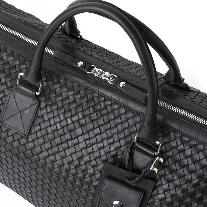 Hides - Wholesale Weekender Bag - Women's - Woven Leather Duffle - Black with Detachable Shoulder Strap5