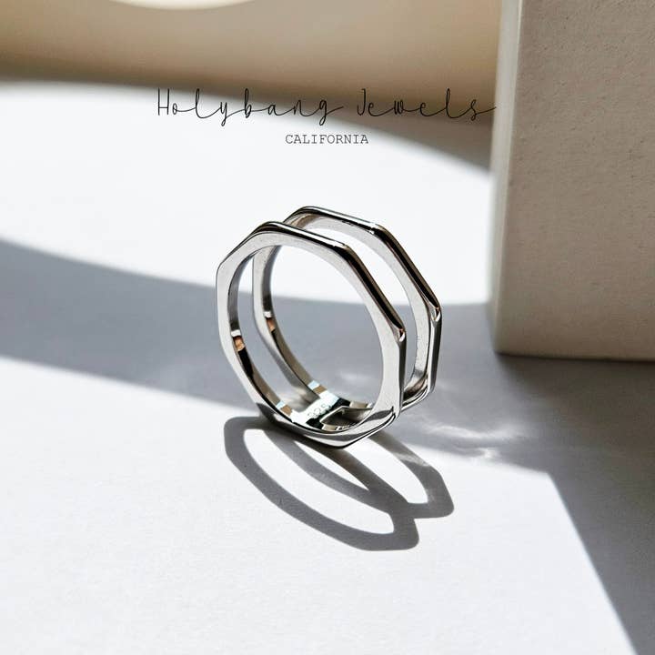 OCTAGON DOUBLE BAND RING - R-F11054 for wholesale by HolyBang Jewels