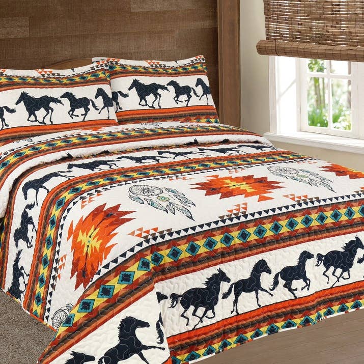 Sunset Navajo Southwest Running Horse 3pc Bedspread Set for wholesale by Western Linens