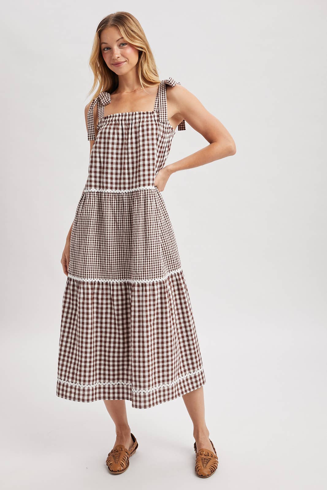 CHOCO CREAM MULTI-GINGHAM TIERED MIDI DRESS / WL25-12046 for wholesale on Faire