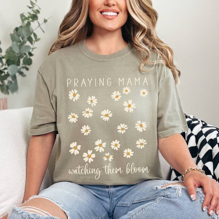 Scripted Pearl - Wholesale Screen Printed T-Shirt - Women's - Praying Mama Watching Them Bloom Daisies Comfort Colors Tee2