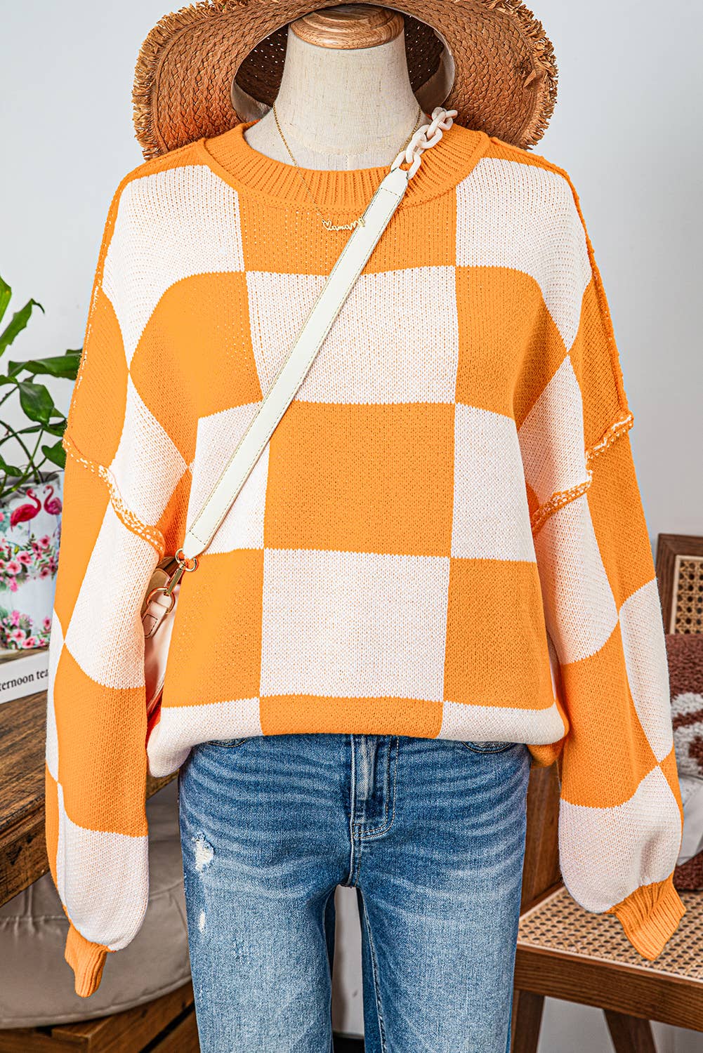 fashionworks - Wholesale Knit Sweater - Women's - Fashion-W Checkered Bishop Sleeve Sweater*S-2XL10