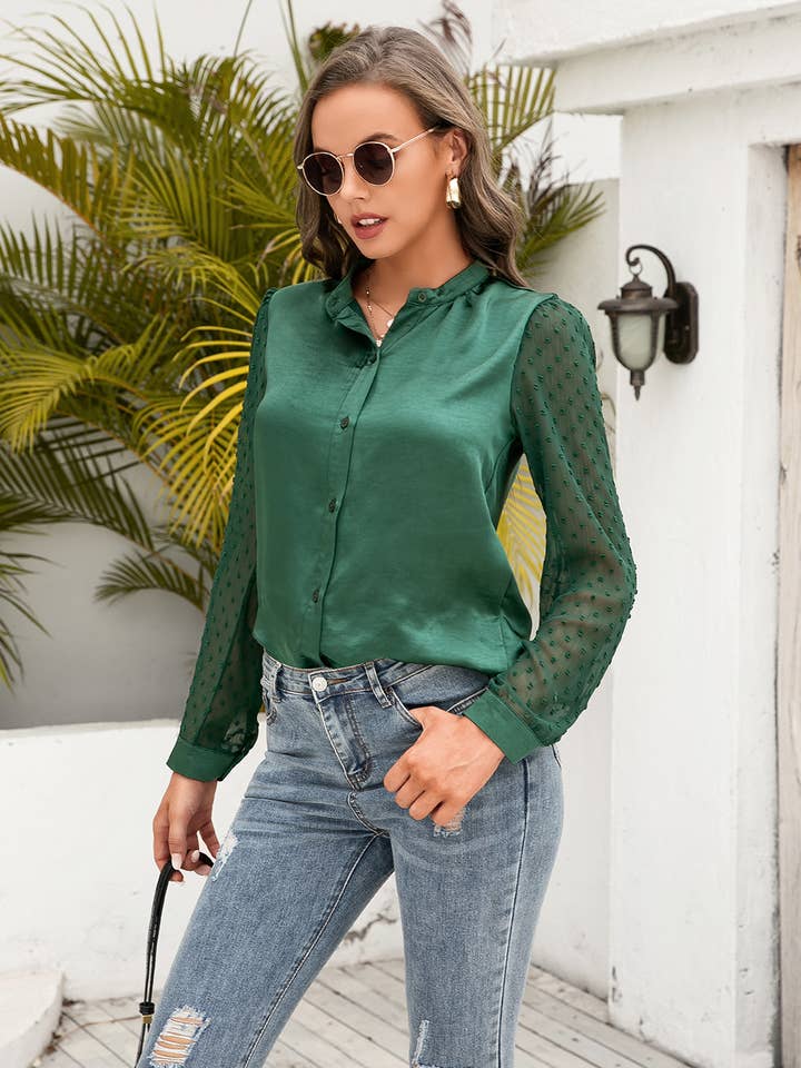 EP-TP1716 Satin Swiss Dot Button Down Blouse for wholesale by ePretty