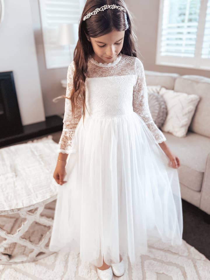 A Little Lacey - Wholesale Dress - Kids - Melody Long Sleeve Girls White Dress