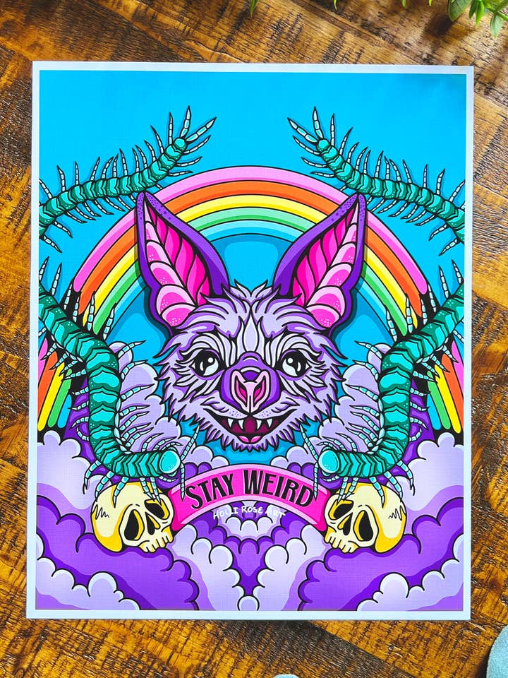 Stay Weird Bat Rainbow Art Print for wholesale by Holli Rose Art