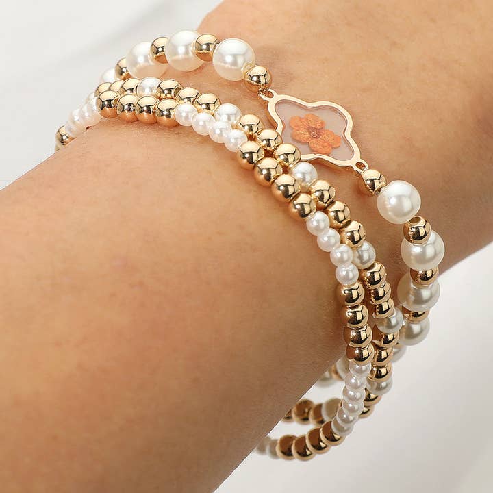 3PCS - Floral Accent Pearl Metal Ball Beaded Stretch Multi Layered Bracelets for wholesale by Sensibling Corp.