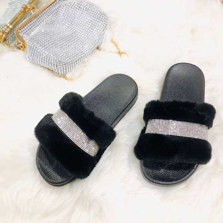 Rhinestone Faux Fur Slippers - Black for wholesale on Faire2