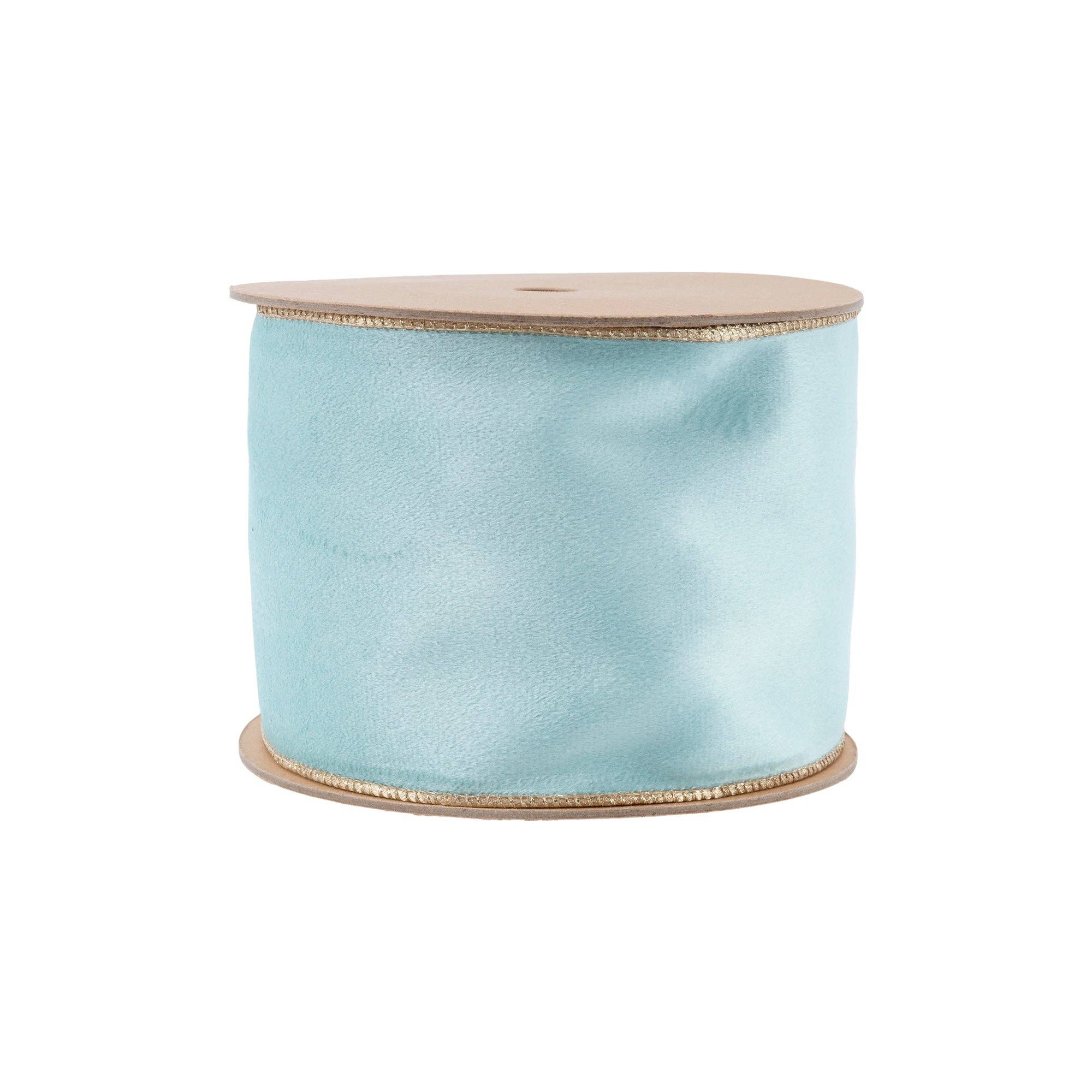 LA Ribbons Wholesale – Großhandel Band – Geschenke verpacken – 10-Yard-Rolle 4" Wende-Klassik-Samtband mit Draht | Aqua/Gold1