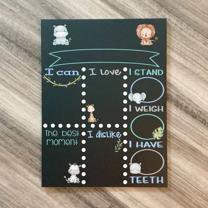 Safari Baby Milestone Chalkboard sign, Reusable photo prop for wholesale by BB’s Shebang