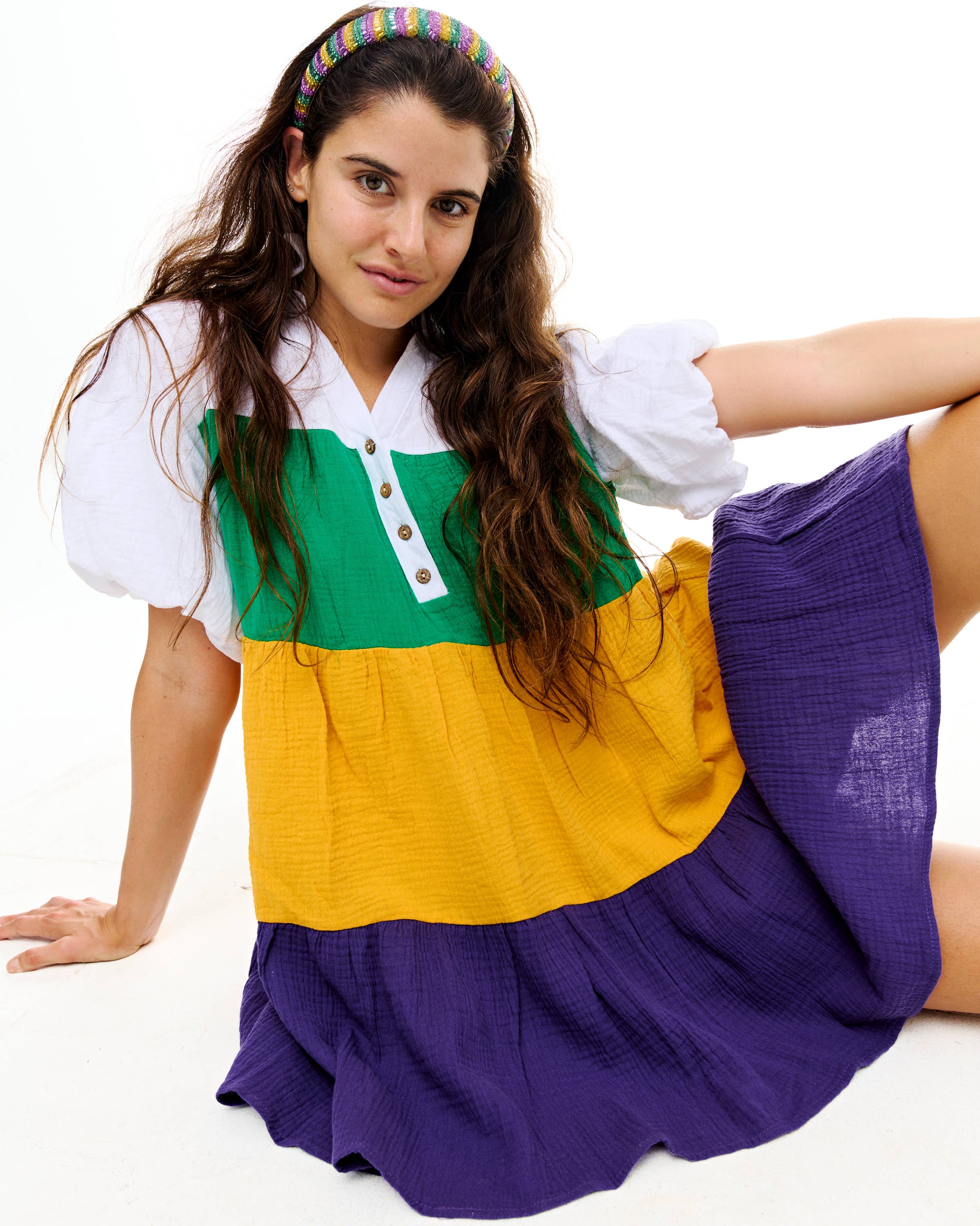 SongLily - Wholesale Dress - Women's - Mardi Gras color block smocked dress0