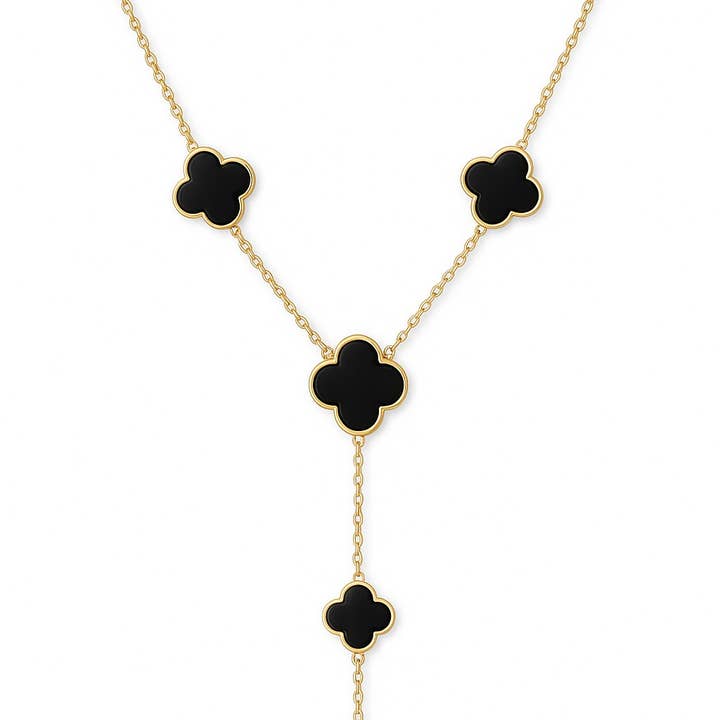 Black Onyx Clover Station Lariat Necklace for wholesale by Gabi Rielle Jewelry