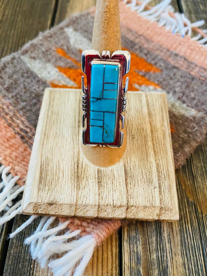 Navajo Sterling Silver & Turquoise Inlay Ring Size 6.5 for wholesale by Nizhonitradersllc