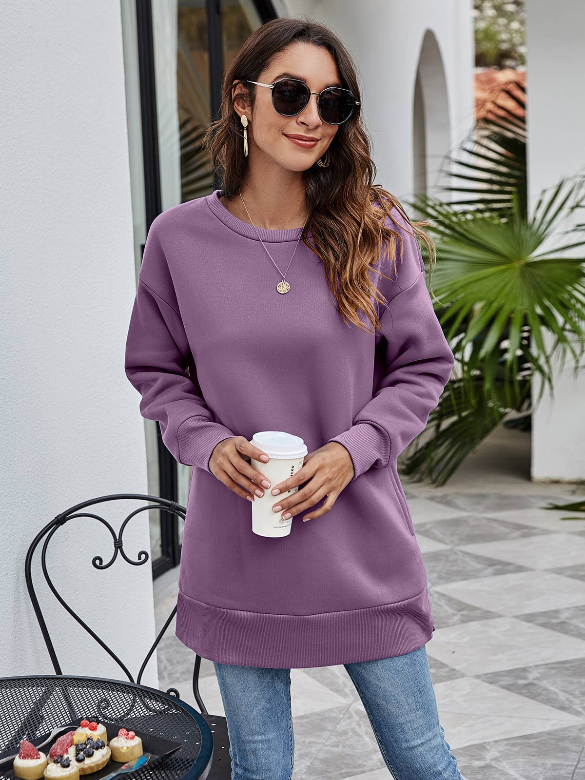 Lily Clothing - Wholesale Hoodie - Women's - ROUND NECKLINE POCKET LONG CASUAL LOOSE HOODIE0