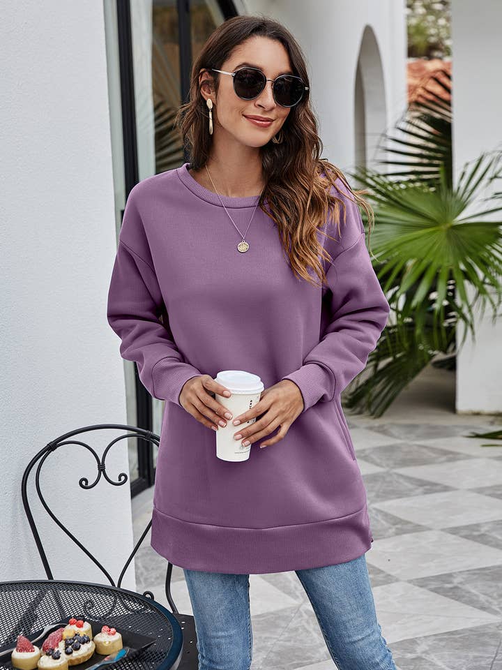 Lily Clothing - Wholesale Hoodie - Women's - ROUND NECKLINE POCKET LONG CASUAL LOOSE HOODIE