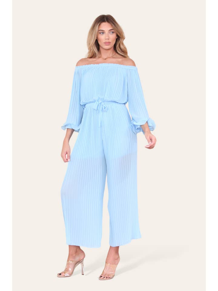 WHITE Sofia Bardot Pleated Frill Jumpsuit for wholesale on Faire2