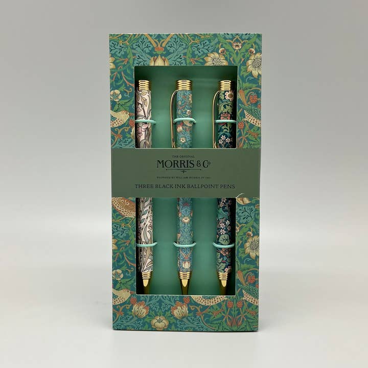 Set regalo con 3 penne a sfera William Morris Strawberry Thief per la vendita all'ingrosso da parte di The Great British Card Company (GBCC) Ltd