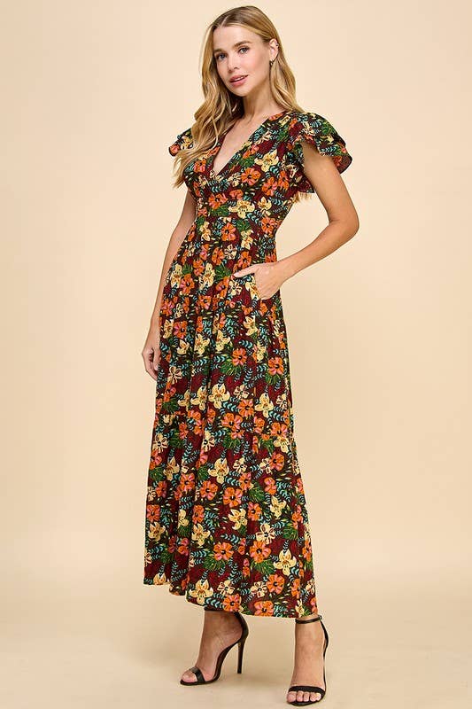 Marron CD04768-Robe midi à manches volantées à imprimé floral en vente sur Faire3