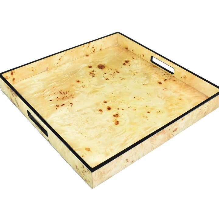 Mappa Burl Square Serving Tray with Black Trim L-48MBT for wholesale by Pacific Connections
