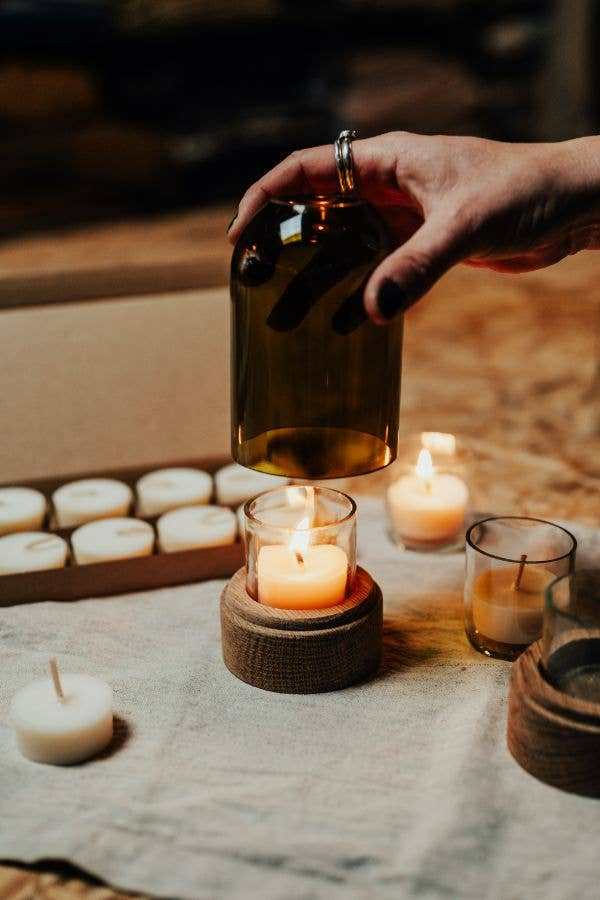 Old Green – wholesale Candle holder – Rustic Wood & Recycled Olive Green Glass Dome3