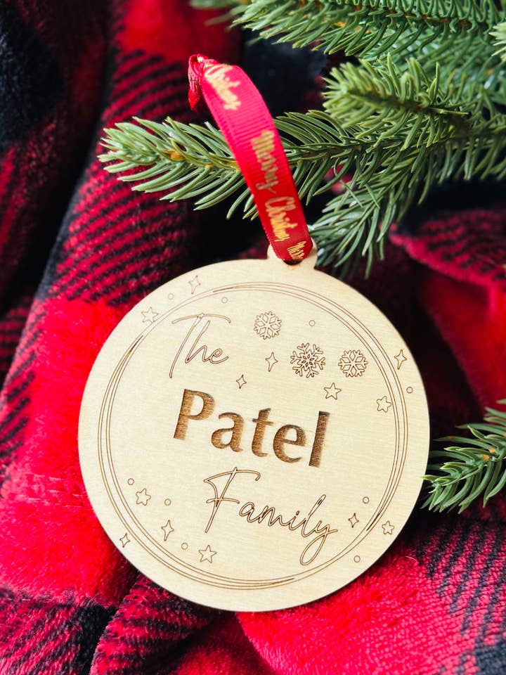 Wooden Name Ornament for wholesale by Studio Raval Custom Engravings