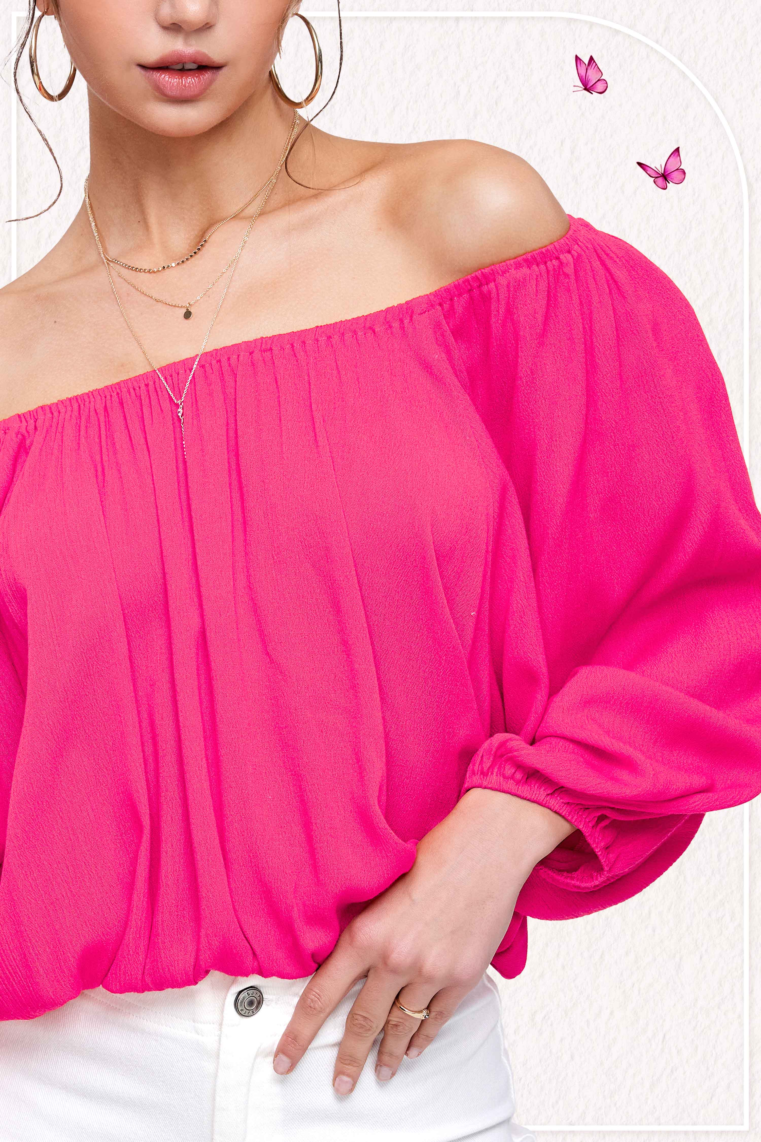 La Miel – Engroshandel Bluse - Dame – HAT7501-Åndbar top med ballonærmer uden skulder8