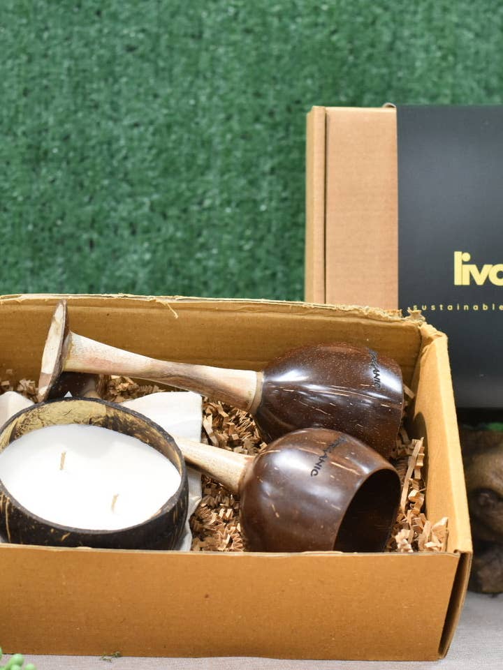 Tropical Eco-Luxe Gift Set: Coconut Shell Wine Glasses & Soy Candle for wholesale by Livorganic Essentials LLC