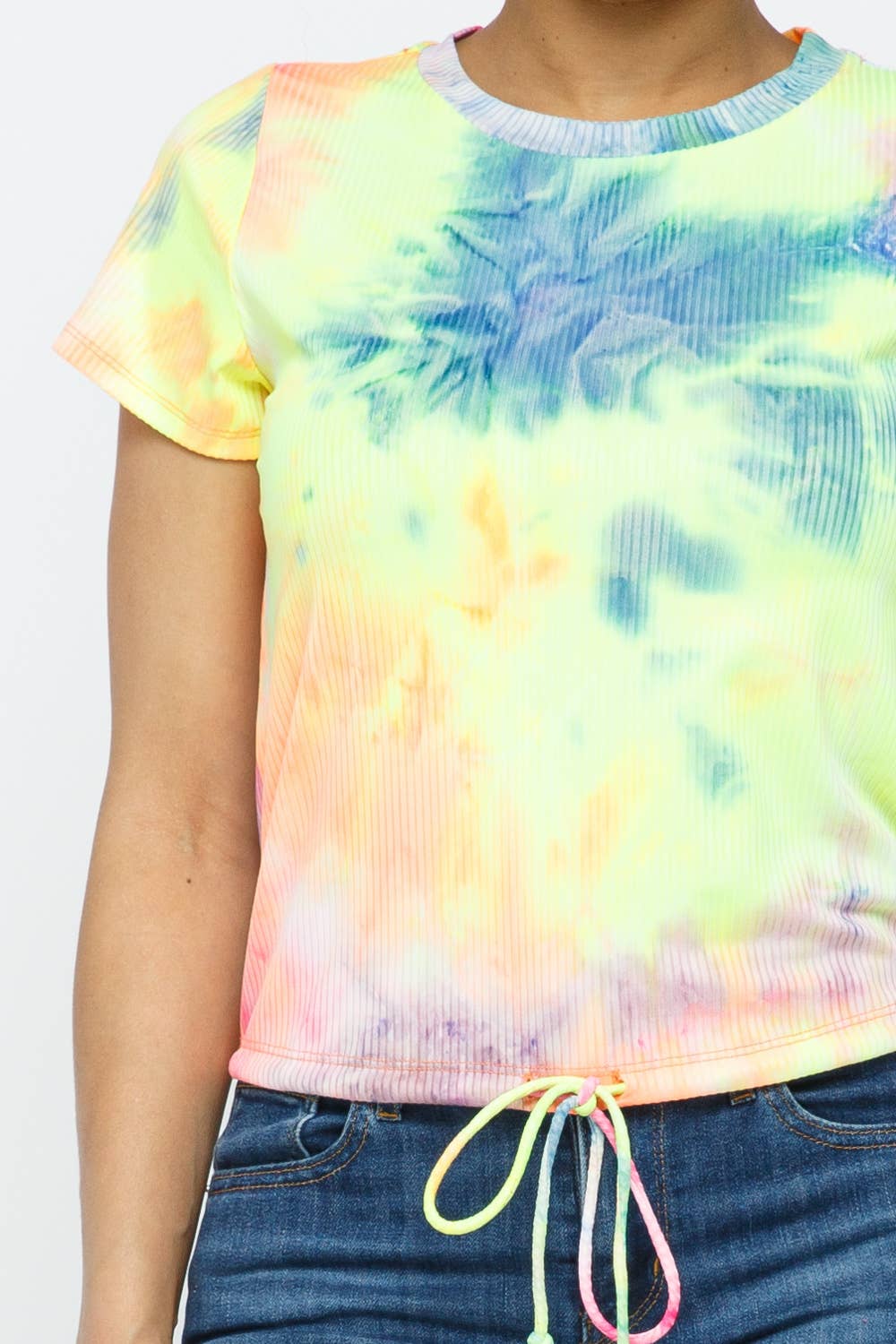 Multi Tie Dye Short Sleeve Bottom Self Spaghetti Drawstring Top for wholesale on Faire5