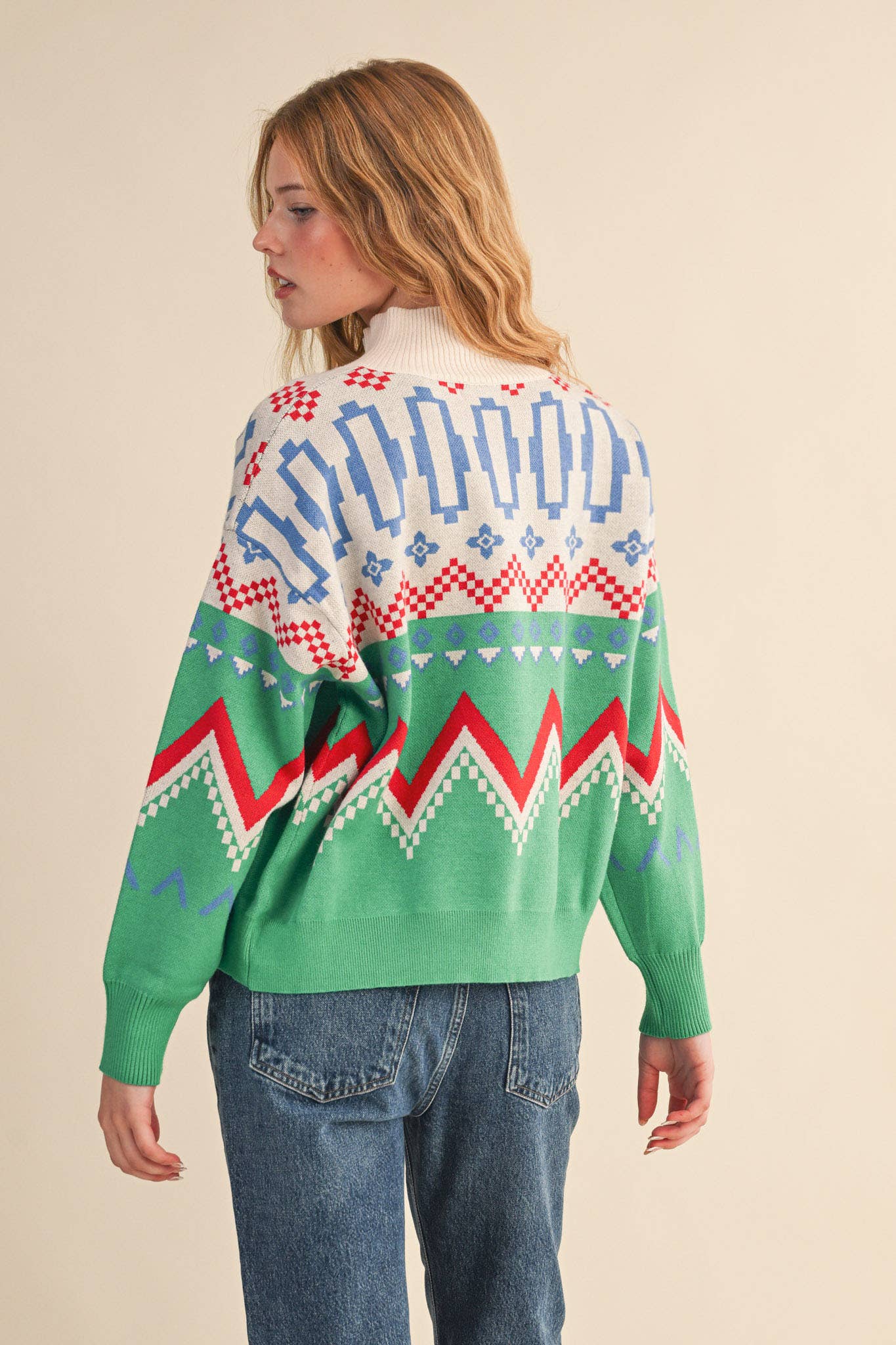 Burgundy Multi GEOMETRIC KNIT MOCK NECK HALF ZIP PULLOVER SWEATER MSW10885 for wholesale on Faire39