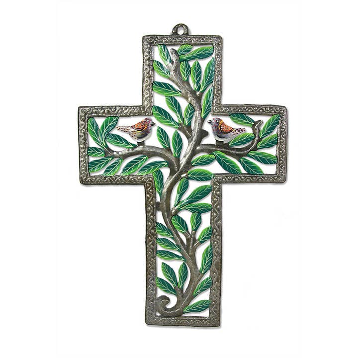 Painted Birds and Boughs Cross for wholesale by Beyond Borders