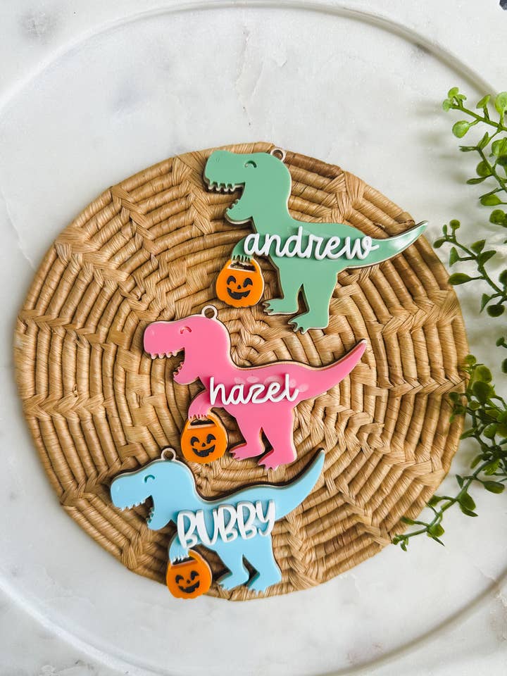 Halloween Dinosaur Boo Basket Name Tag | T-Rex Gift Tag for wholesale by Hazel + Bloom Co