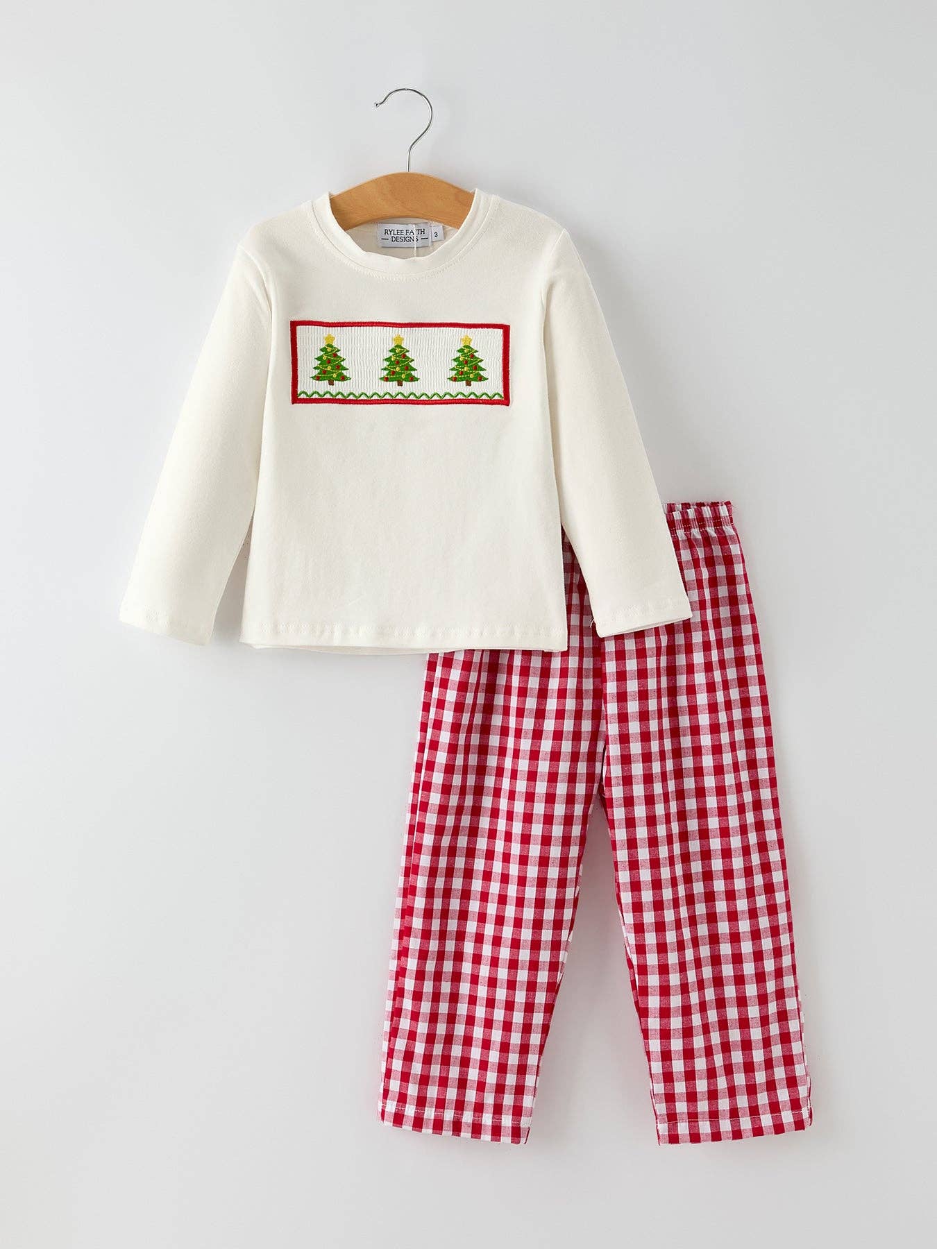 Rylee Faith Designs - Vente Ensemble haut et pantalon – enfant - Tenues de garçons brodées avec smocks de sapin de Noël2