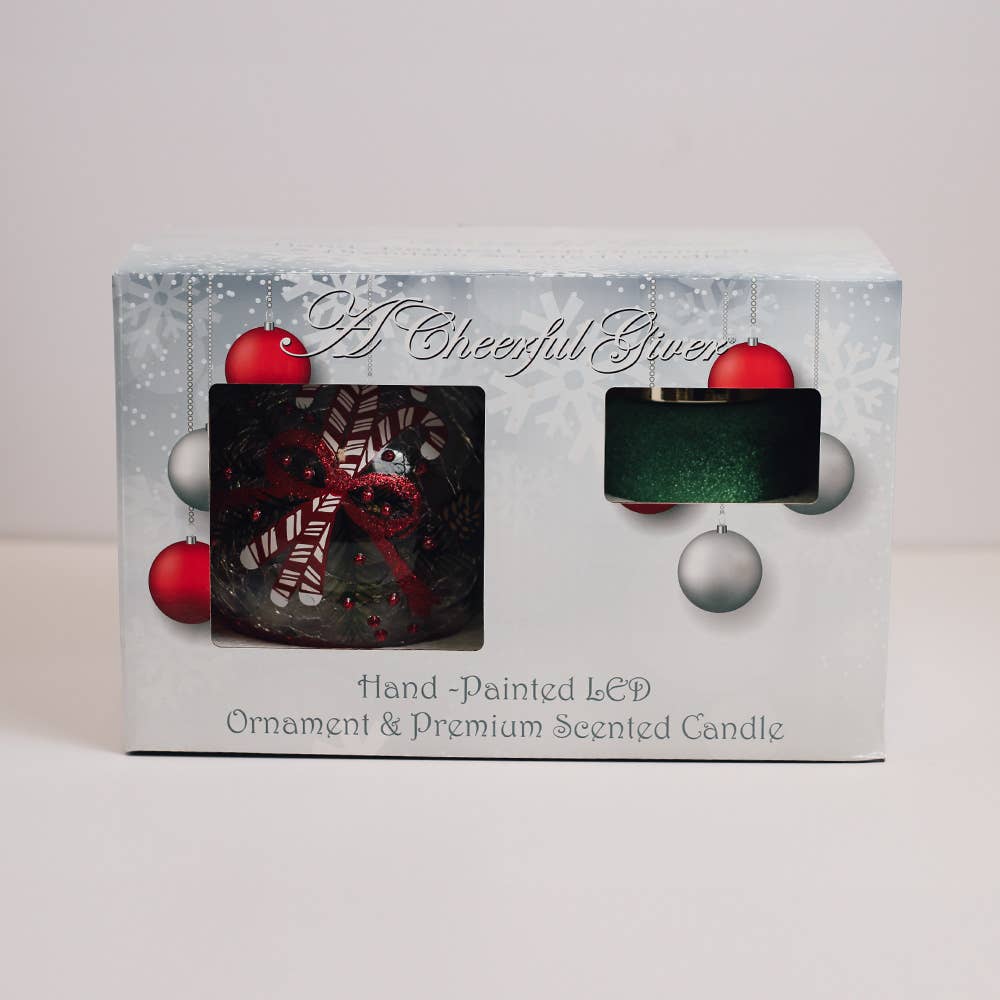 A Cheerful Giver - Wholesale Ornament Set - Candy Cane LED Ornament & Holly Tree Candle Gift Set2