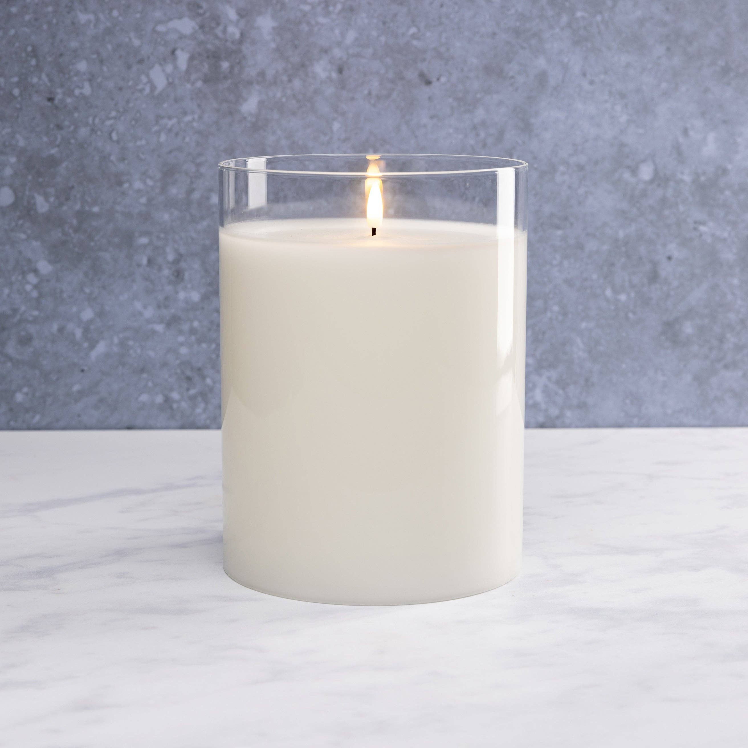 Sandstone & Sage – wholesale Flameless candle – White LED Flameless Hurricane Glass Candle with Timer and Remote - Elegant Ambient Lighting5
