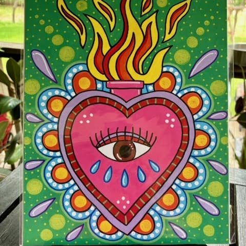 11x14 Green Eternal Heart Flame Ojo Mexican folk art print for wholesale by Karen’s Cositas