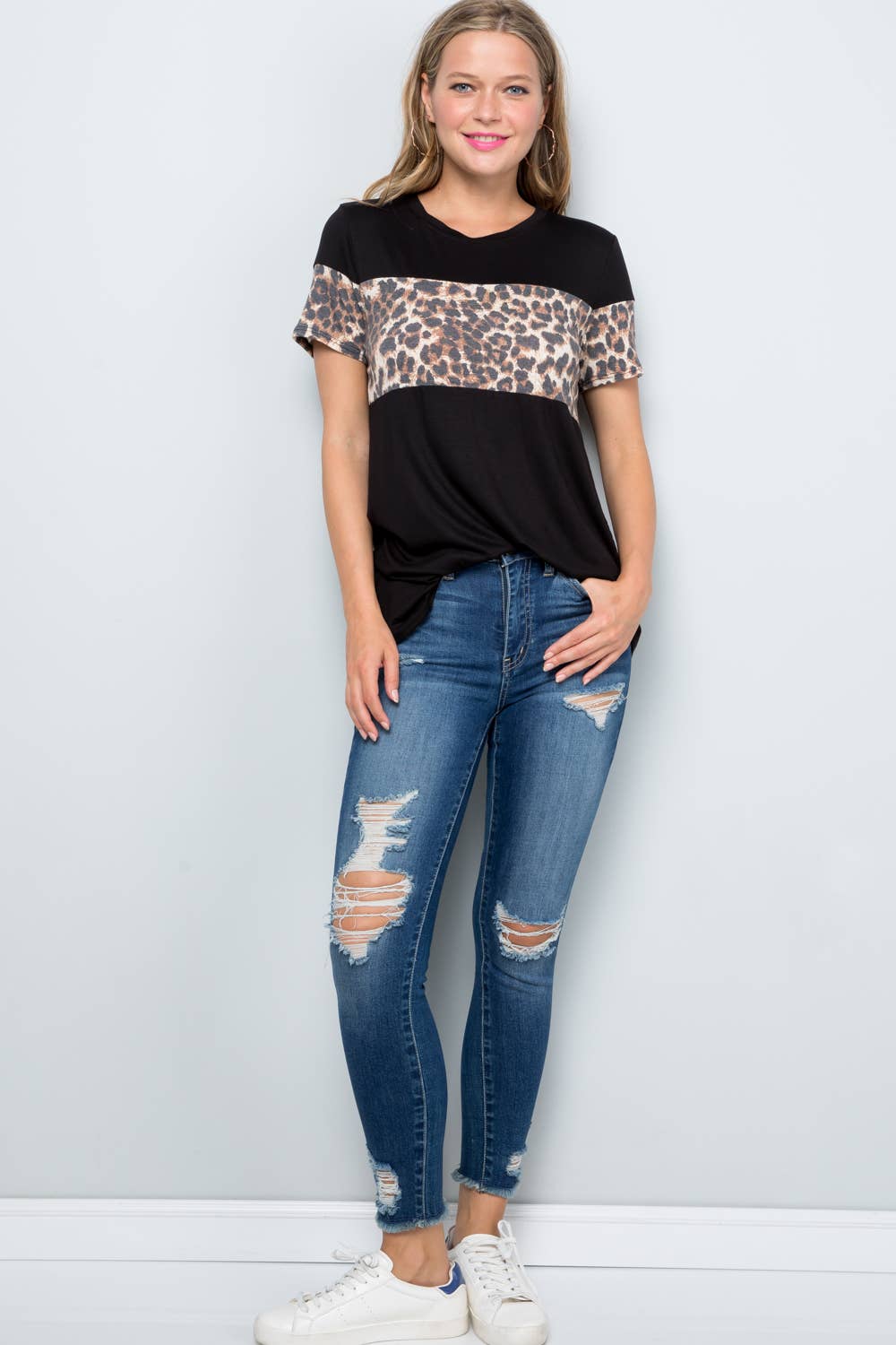 Black CLASSIC ANIMAL PRINT  CONTRAST T-SHIRT -CT43636A for wholesale on Faire1