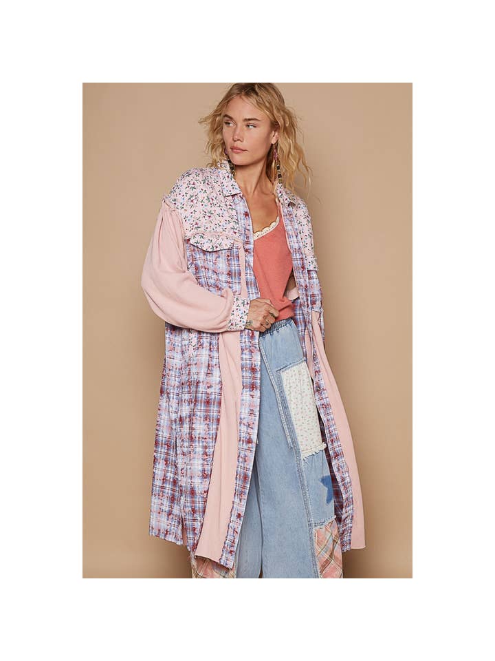 Pol Clothing - Wholesale Shirt Jacket/Shacket - Women's - Balloon sleeve plaid floral contrast long placket jacket