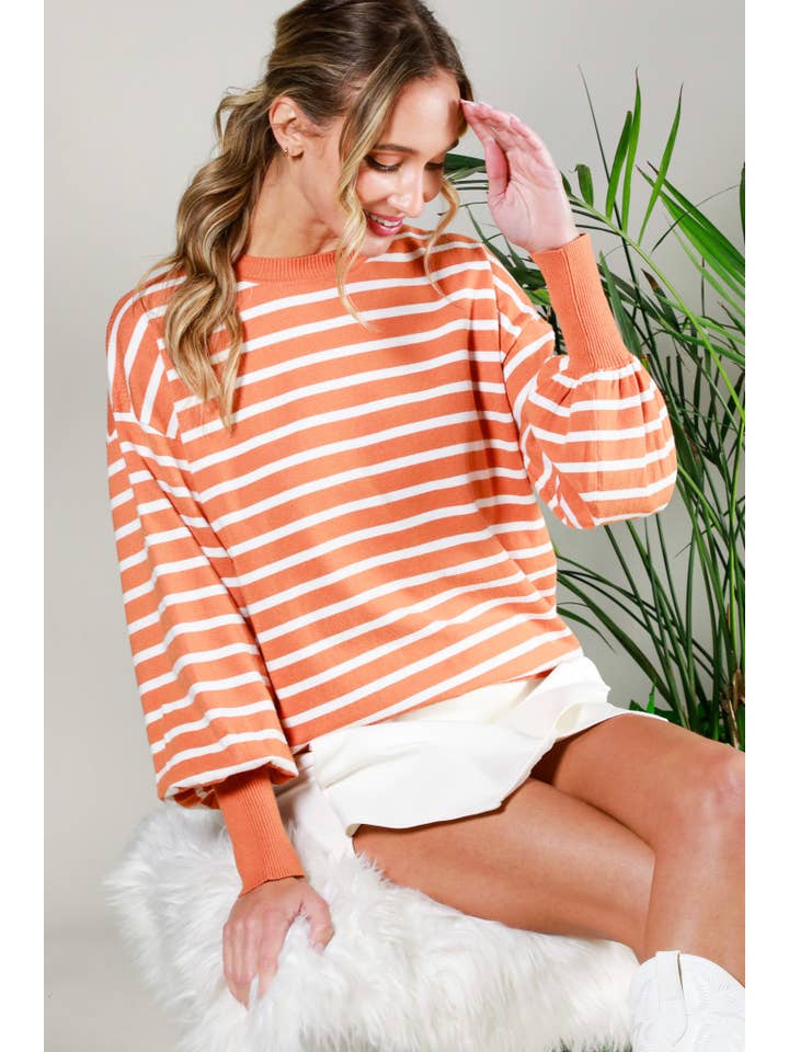 Vine & Love - Wholesale Knit Sweater - Women's - Striped Long Balloon Sleeve Knitted Sweater Top VT60387D15