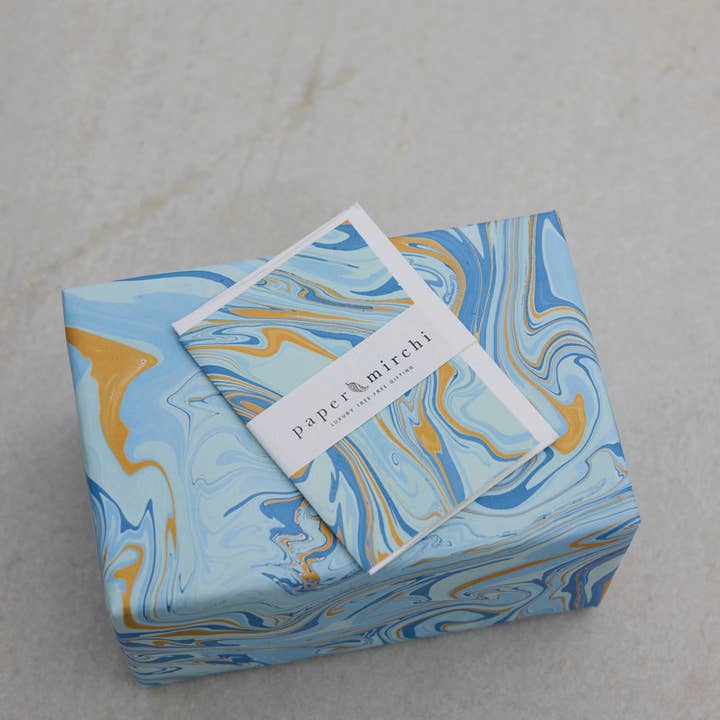 Paper Mirchi - Wholesale Flat Wrap - Hand Marbled Wrapping Paper Sheets - Free Spirit Summer Sky