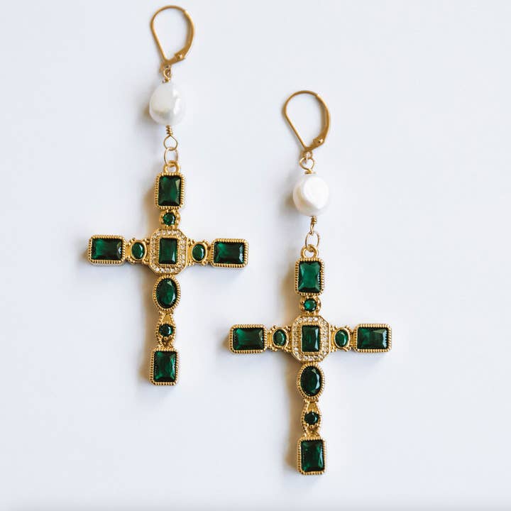 The Pearly Emerald Cross Earrings for wholesale by Jay Nicole Designs
