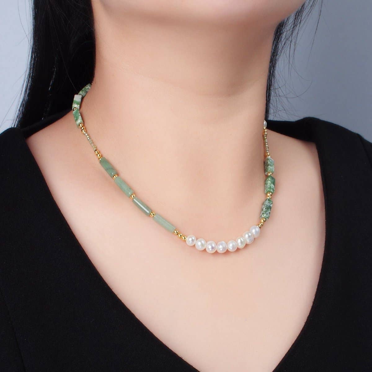 Aim Eternal - Wholesale Beaded/Pearl Necklace - Handmade Green Jade Bead Chain Necklace with Freshwater Pearl 15.55 Inch with Extender | WA25841
