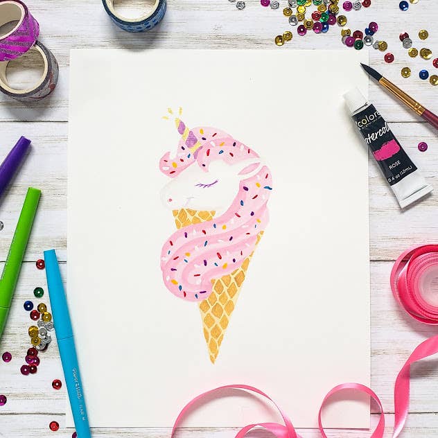 Unicorn Ice Cream watercolor original for wholesale by Marylin Hoffman Art